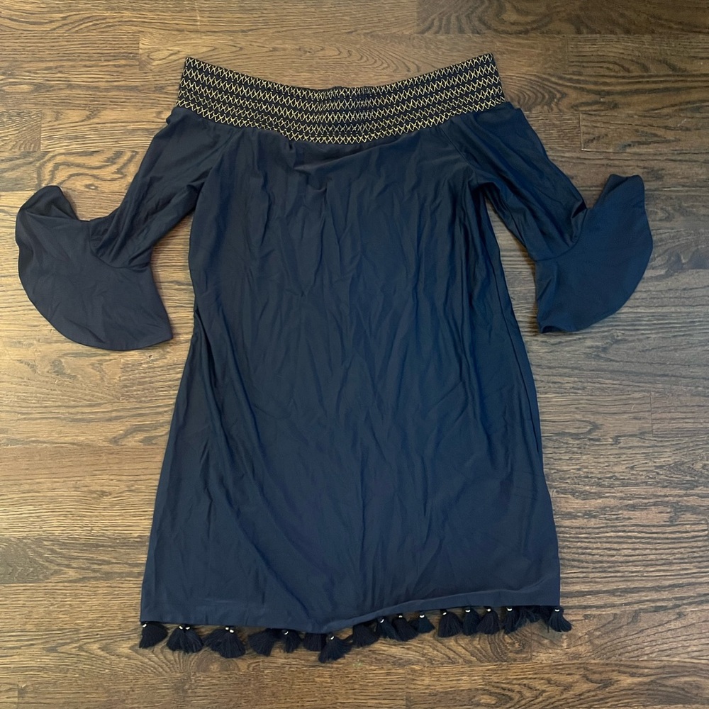Cabana Life - Off-Shoulder Black Coverup with Tassel Hem